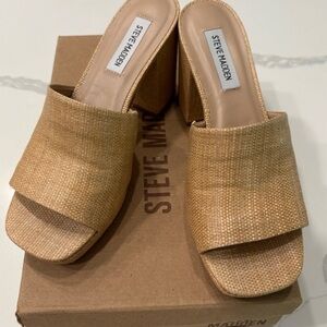 STEVE MADDEN Natural Tan Raffia Tweed ELDA Mules Heels Slides Wedge SZ: 7